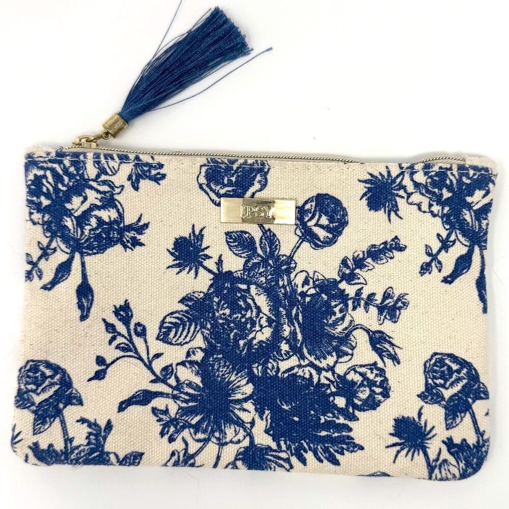 Ipsy Makeup Bag Women 4.5" x 7" Blue & White Floral Print
